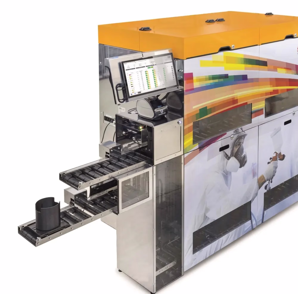 Alfa CR automatic colour paint dispenser with touchscreen and roller conveyors
