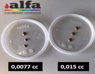 Dispensed drops of 0.0077 cc and 0.015 cc