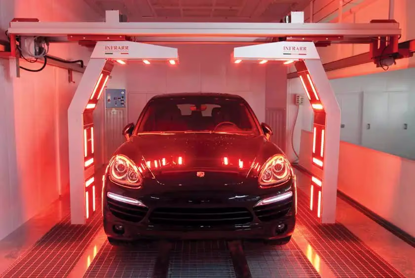 INFRARR 30K automatic infrared arch dryer curing a car inside a spray booth