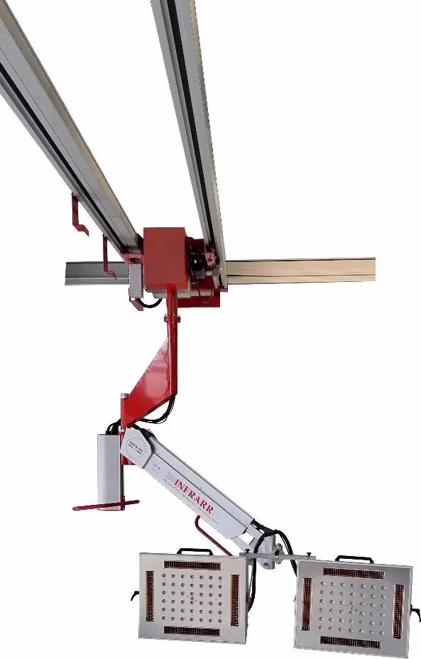 Infrarr suspended infrared dryer on overhead rails with articulated arm